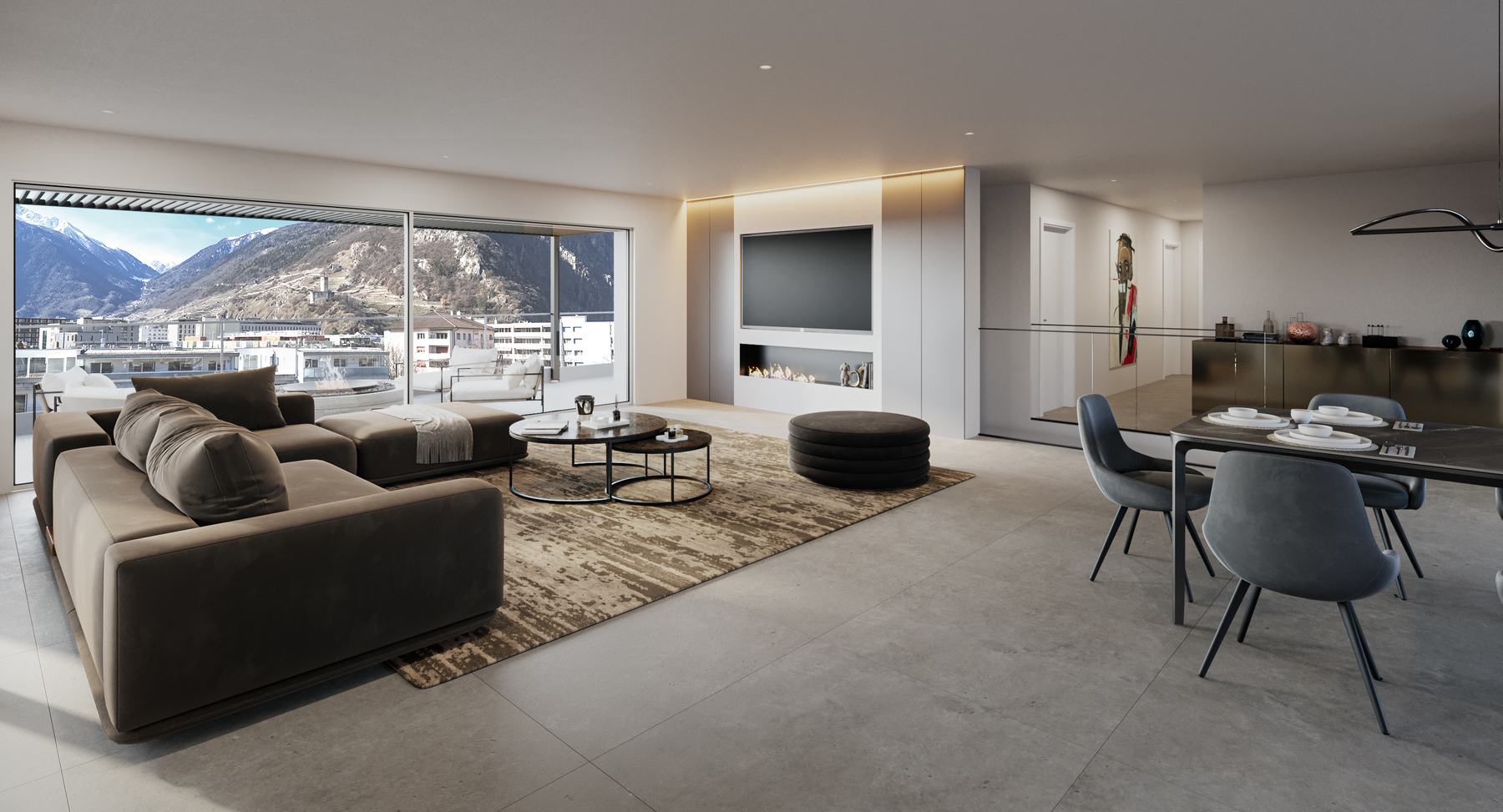 Visuel intérieur d'un séjour de L'Écrin du Rhône, ouvert sur Martigny et les montagnes.